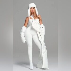Ivy park adidas All-White Fitted Jumpsuit with Winter Accessories